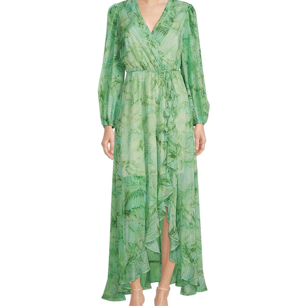 Alex Marie "Hallie" Green Palm Print V-Neck Chiffon Long Sleeve Maxi Dress